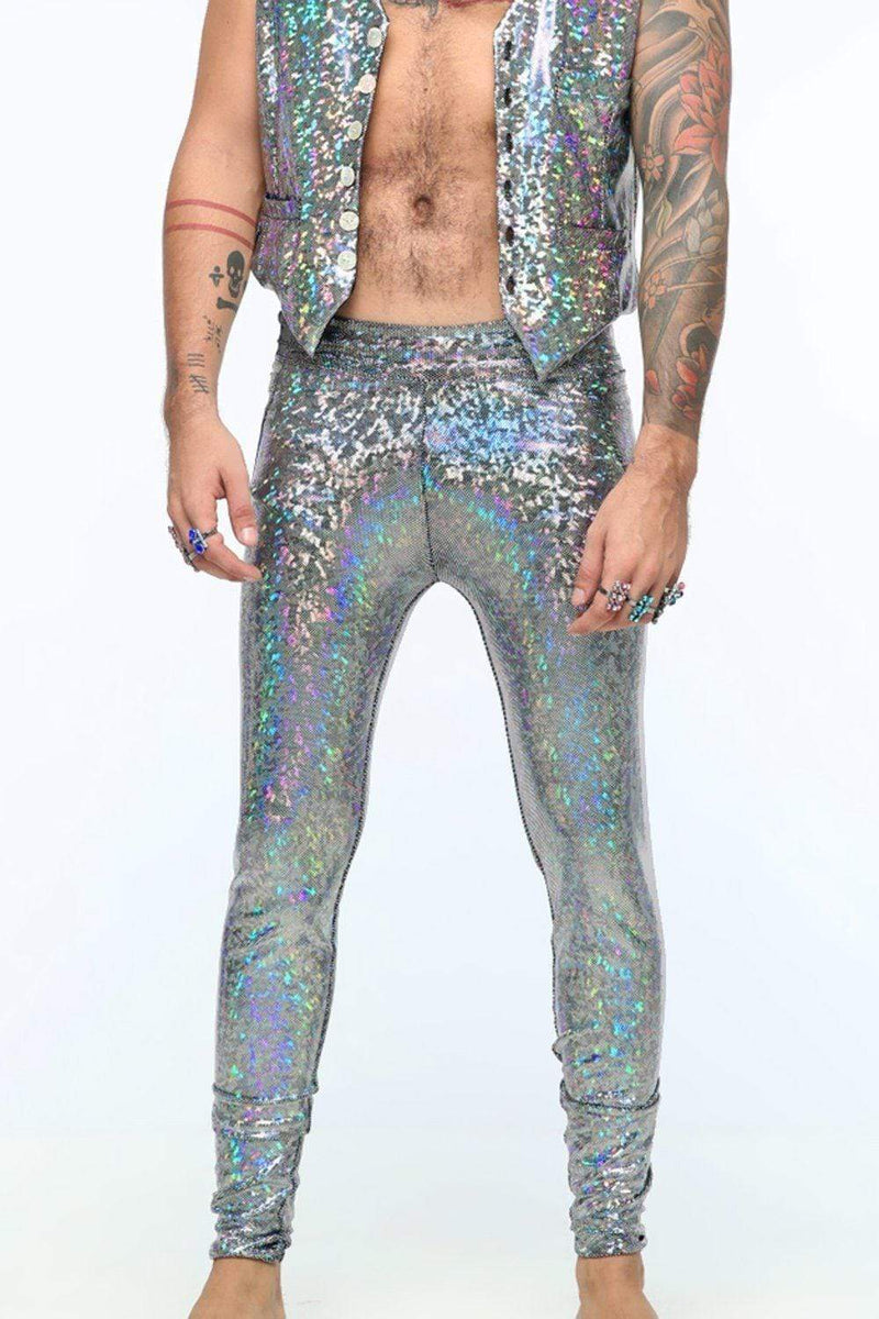 Sparkle Silver Holographic Meggings: Men's Disco Leggings