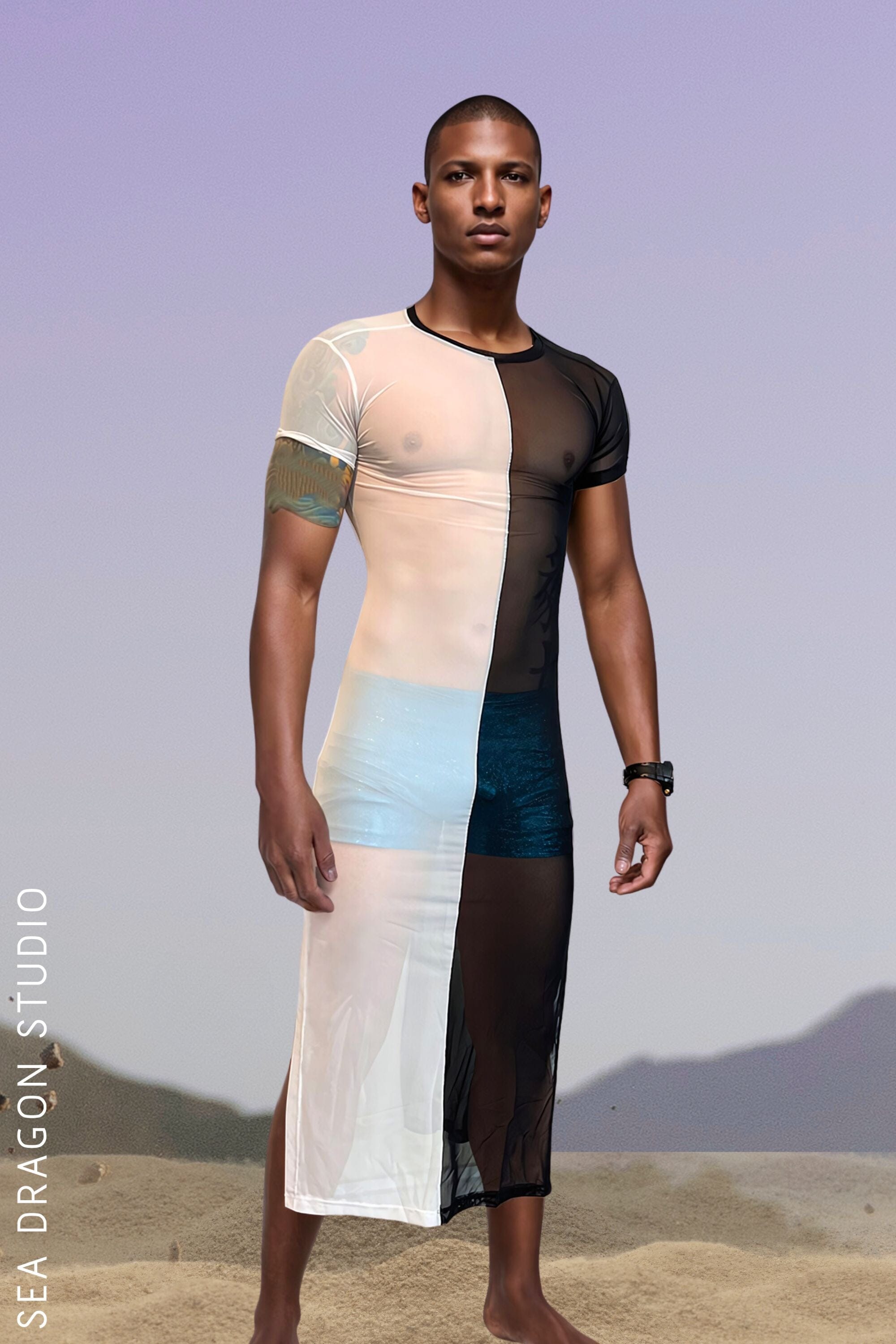 Duality Split Color Mesh Men’s Kaftan Dress, perfect for festival clothing mens, festival clothes for men, and Burning Man outfits. Stand out with this unique, breathable, and stylish festival gear for men.