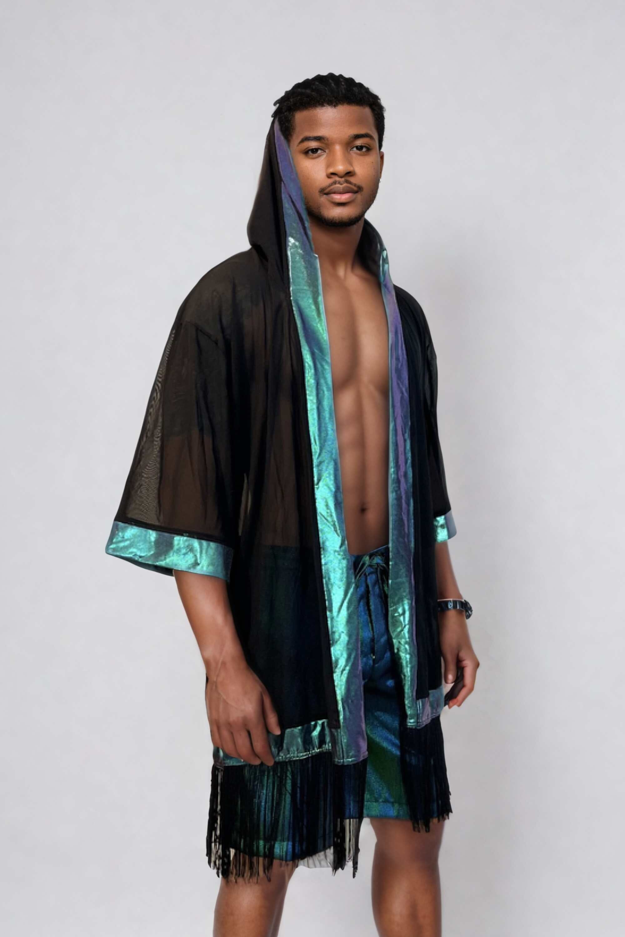 Mens Hooded Mesh & Holo Kimono with Fringe Mens Tops SEA DRAGON STUDIO 