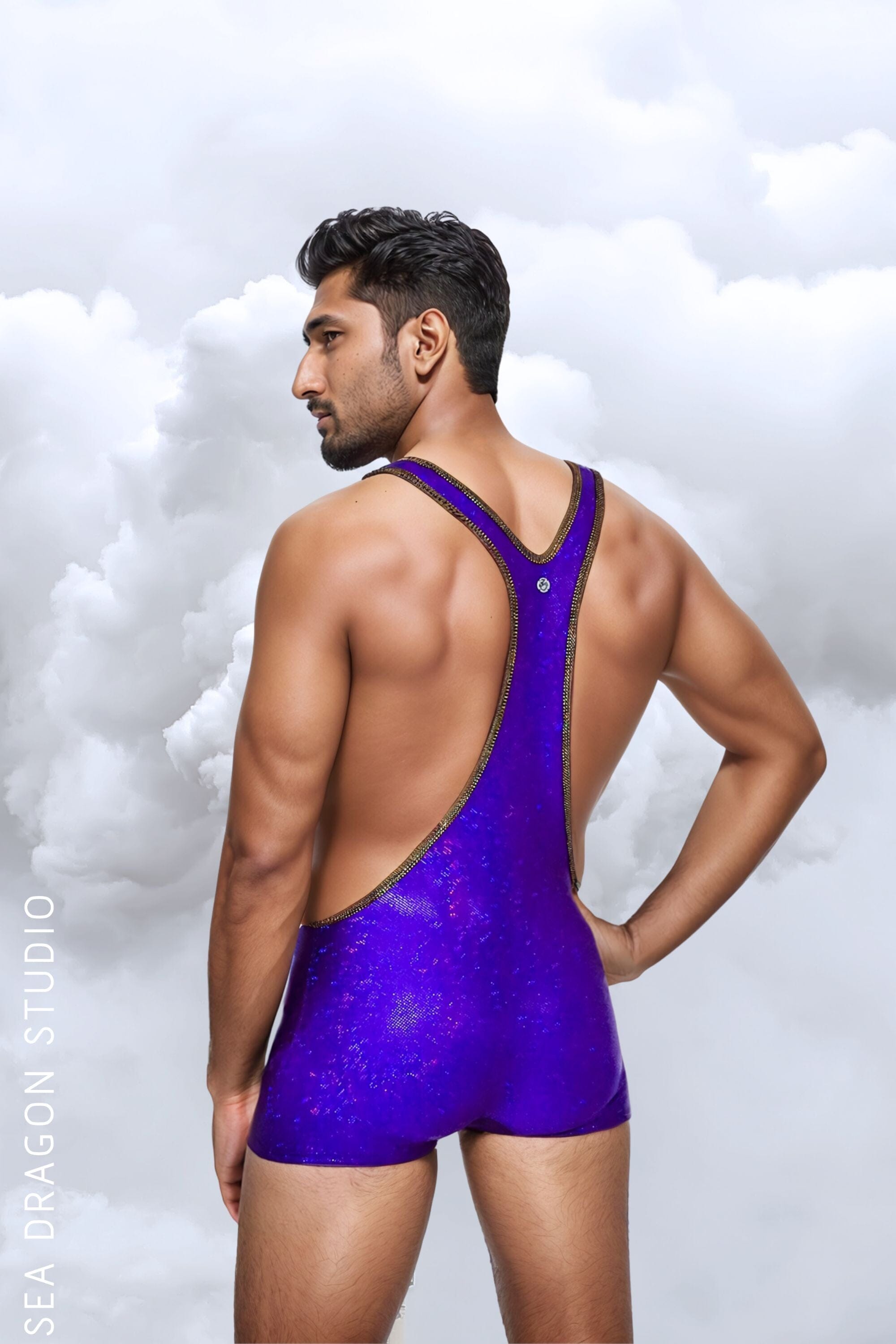 Purple holographic men’s wrestling singlet for Burning Man and rave performers, showcasing a vibrant outfit perfect for festivals and pride events. Ideal for making a bold statement.