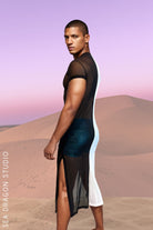 Elevate your guys festival fashion with this men’s Duality Split Color Mesh mens festivalDress. Ideal for festival gear for men, this dress offers a unique black and white split design for standout style