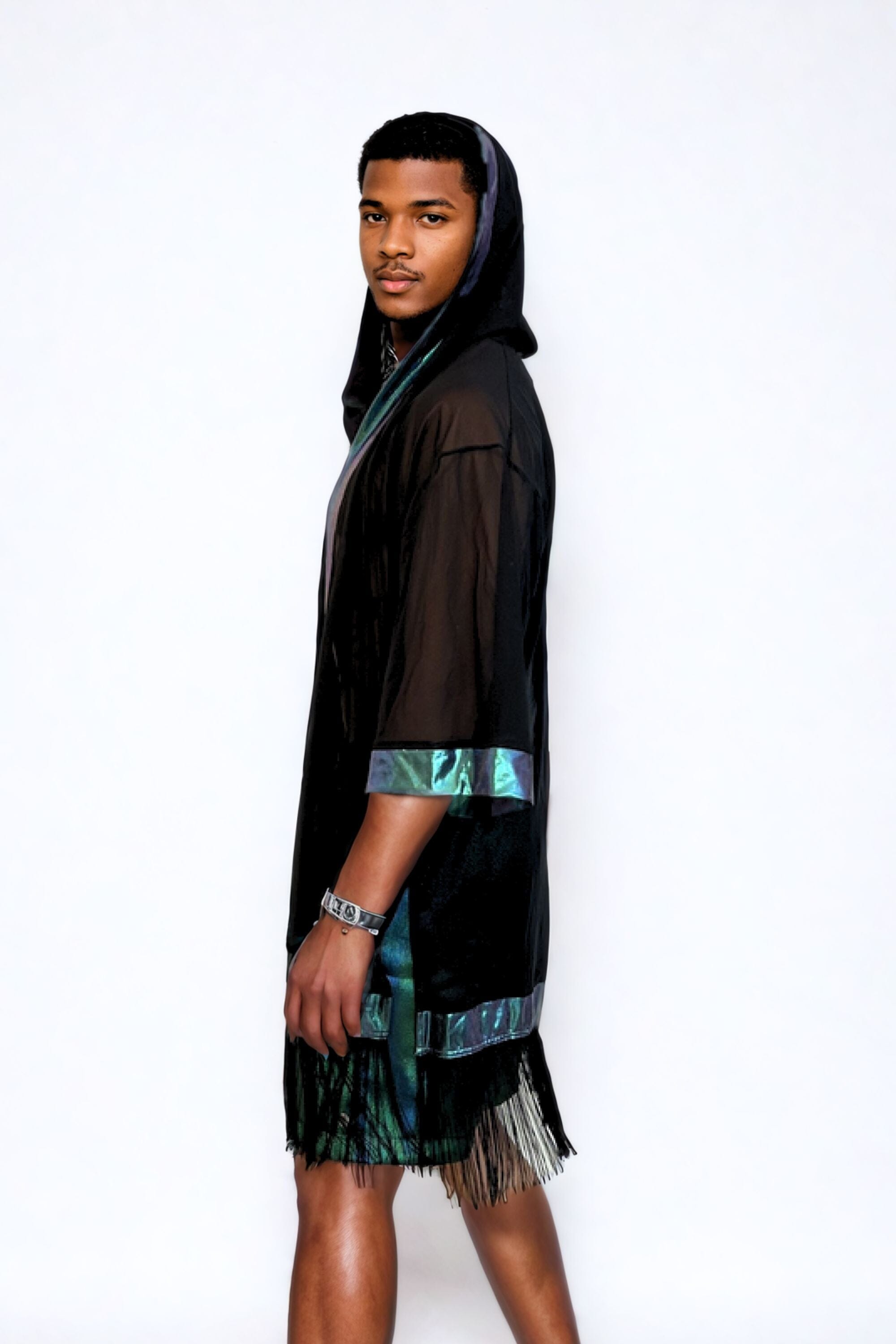 Cosmic Drifter Mesh Kimono with Fringe Mens Tops SEA DRAGON STUDIO 