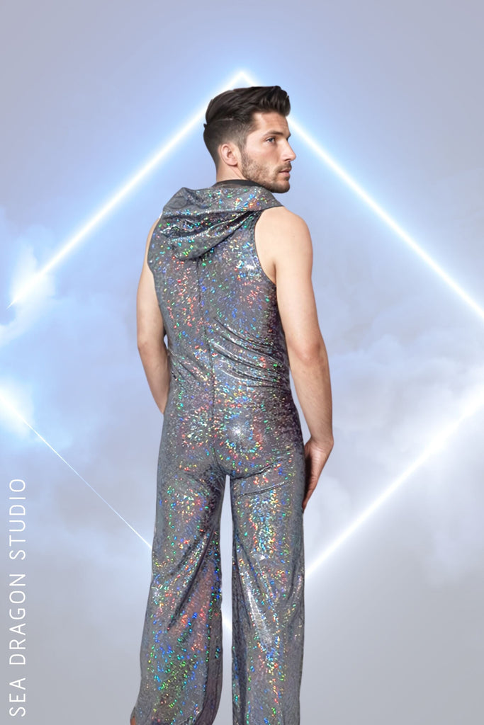 Men’s holographic jumpsuit with hood, perfect for Burning Man and festival performers, shimmering silver with rainbow reflections.