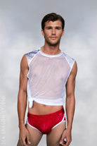 White mesh and holographic sleeveless t-shirt, perfect for rave outfits and burning man costumes. Model wears red holographic men’s bikini briefs. Ideal for festivals, pride events, and performers