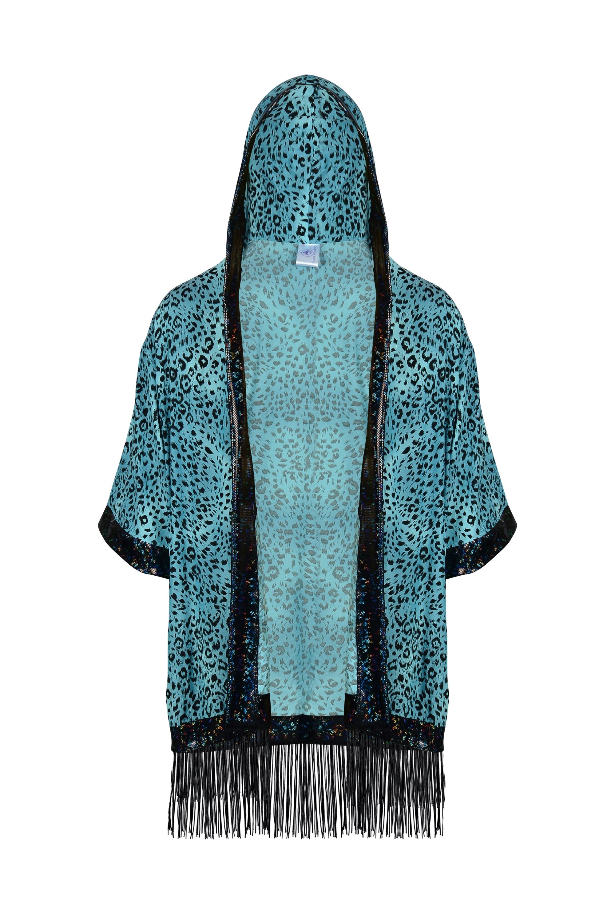 Big Cat Energy Hooded Kimono with Holo & Fringe Mens Tops SEA DRAGON STUDIO Blueberry Leopard 