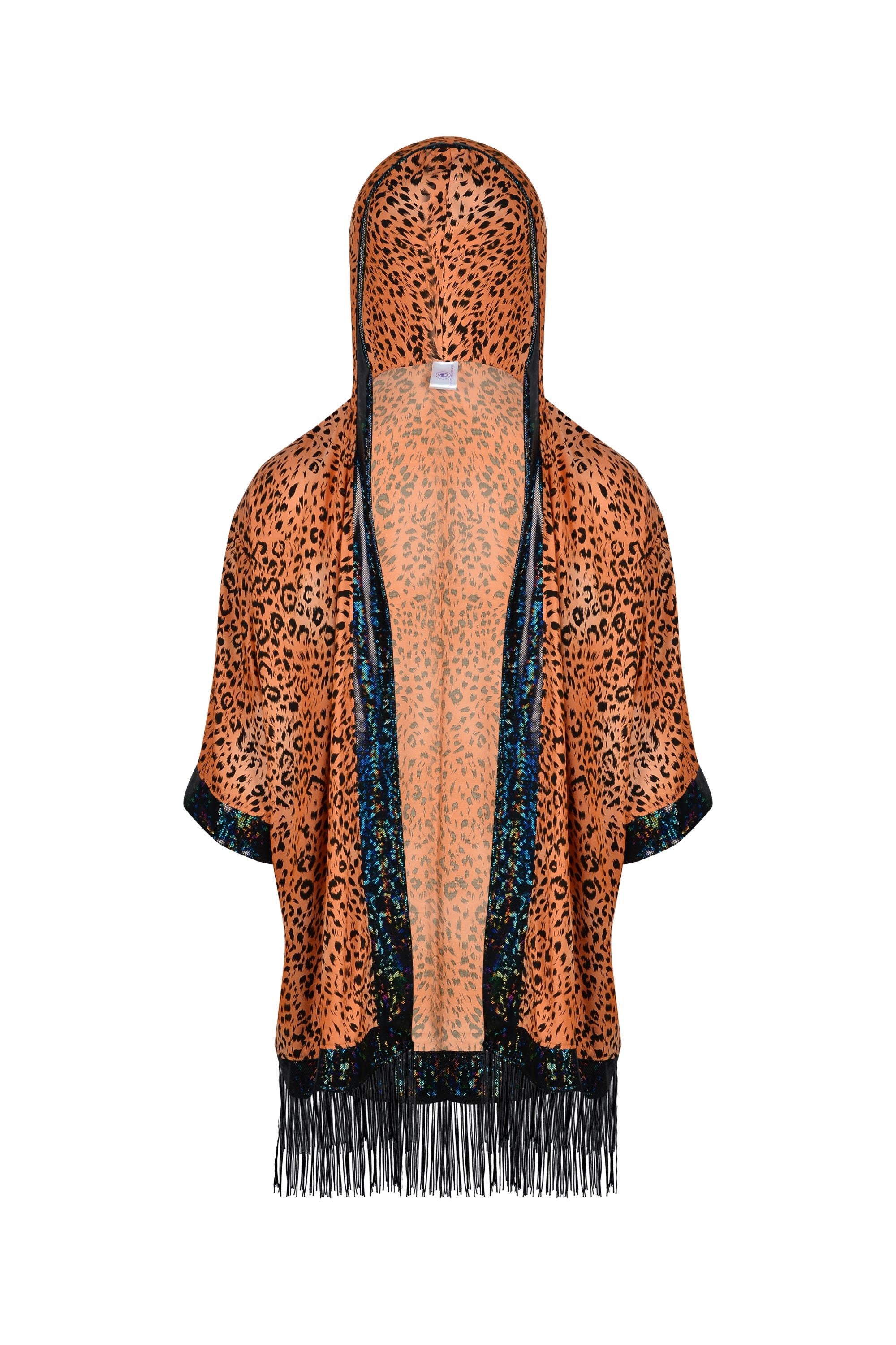 Big Cat Energy Hooded Kimono with Holo & Fringe Mens Tops SEA DRAGON STUDIO Tangerine Leopard 