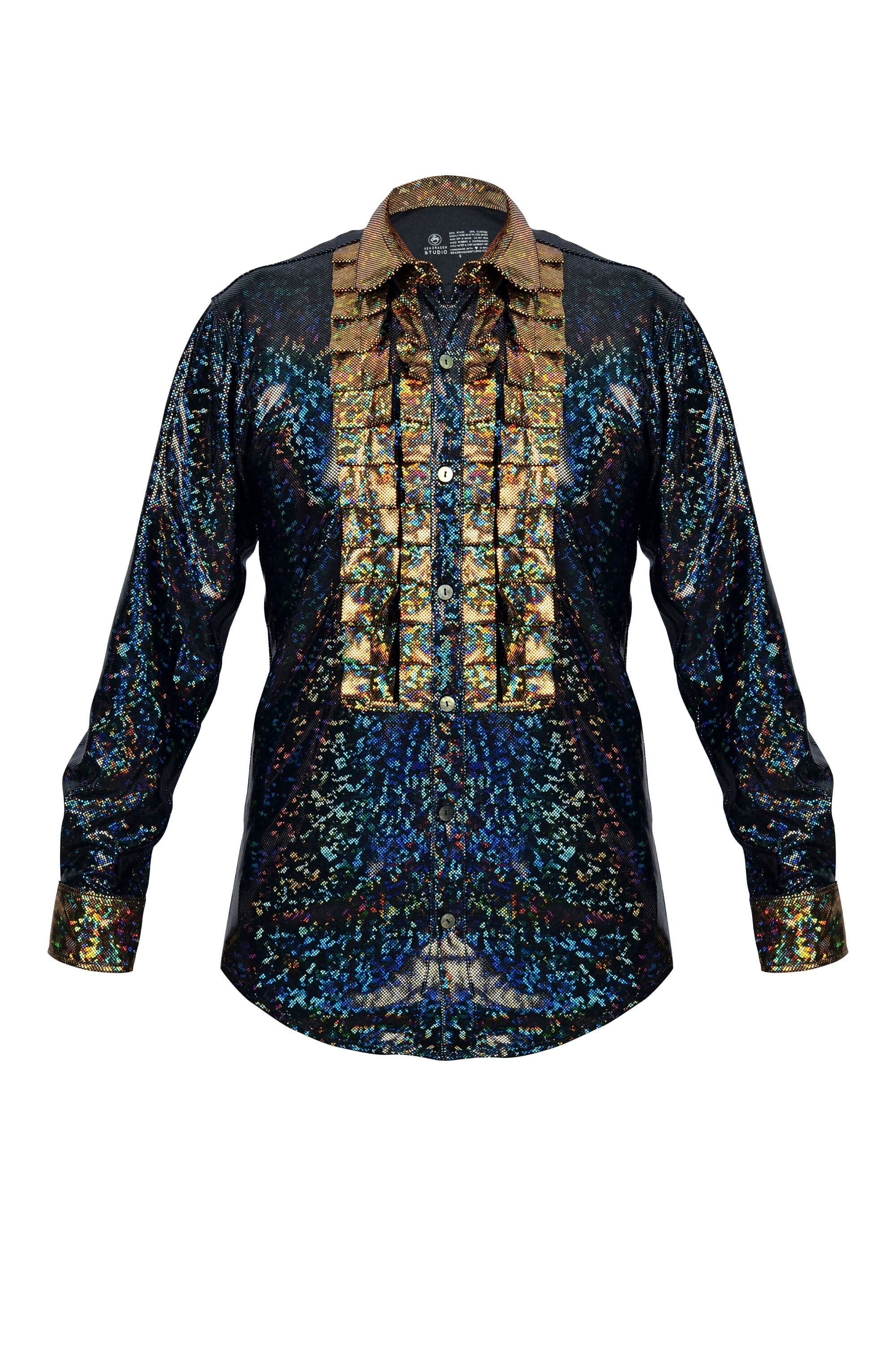 Holographic Long Sleeve Disco Tuxedo Shirt Mens Tops SEA DRAGON STUDIO Midnight Inferno (Black) XSMALL 