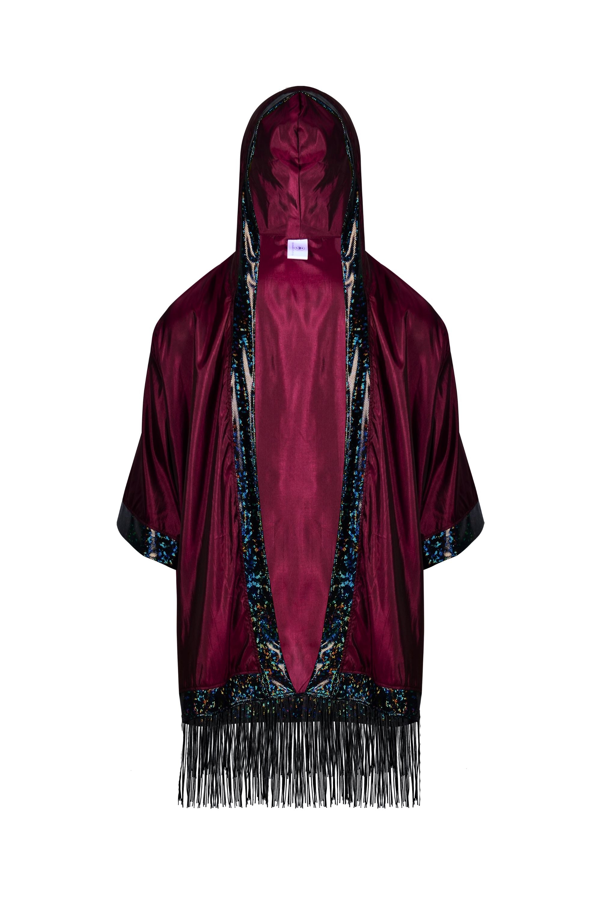 Hooded Iridescent Kimono With Fringe Mens Tops SEA DRAGON STUDIO Iridescent Wine 