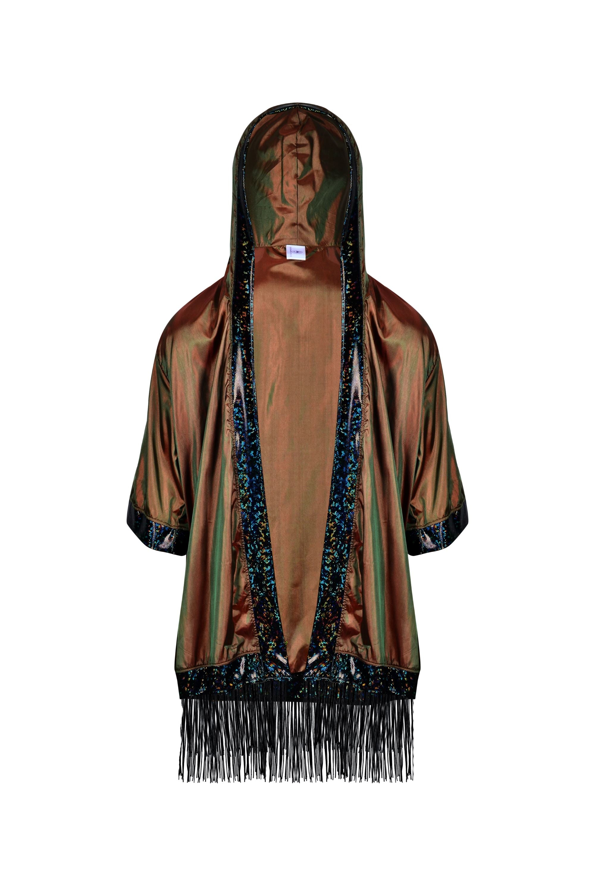 Hooded Iridescent Kimono With Fringe Mens Tops SEA DRAGON STUDIO Iridescent Rust 