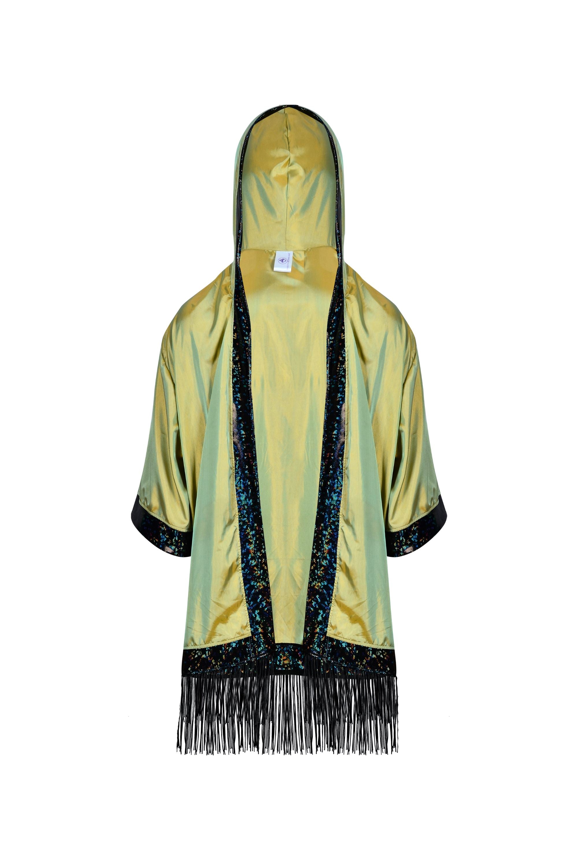 Hooded Iridescent Kimono With Fringe Mens Tops SEA DRAGON STUDIO Iridescent Green 