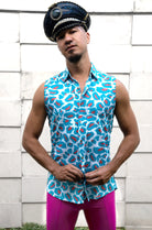 Techno Leopard Sleeveless Button Down Shirt - Limited Edition Mens Tops SEA DRAGON STUDIO XSMALL 