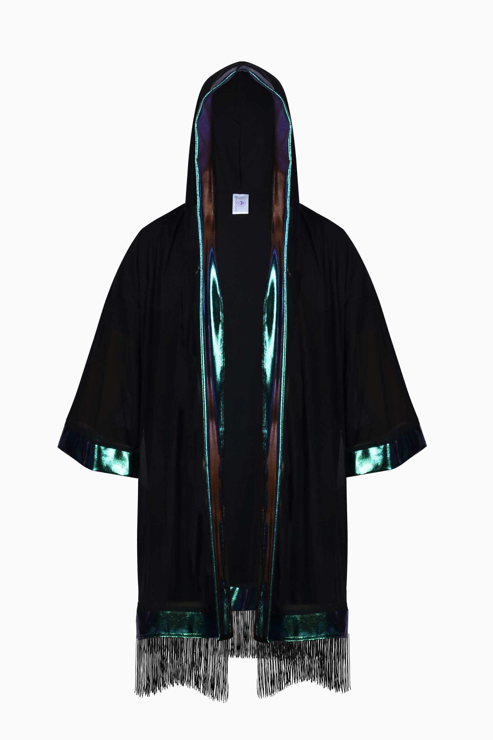 Mens Hooded Mesh & Holo Kimono with Fringe Mens Tops SEA DRAGON STUDIO 